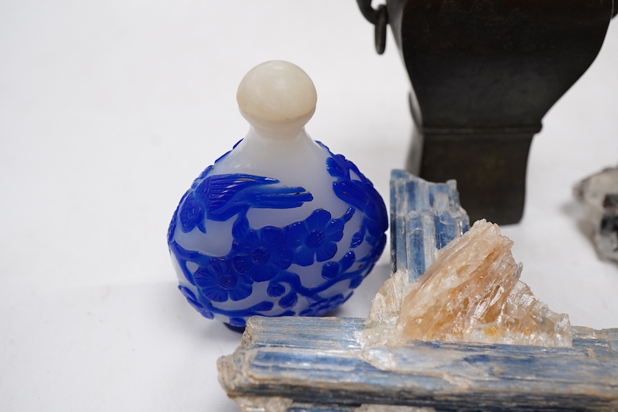 A Chinese bronze small vase, 19th century, rose quartz-14cm and Kyanite specimens, a soapstone seal and a glass snuff bottle